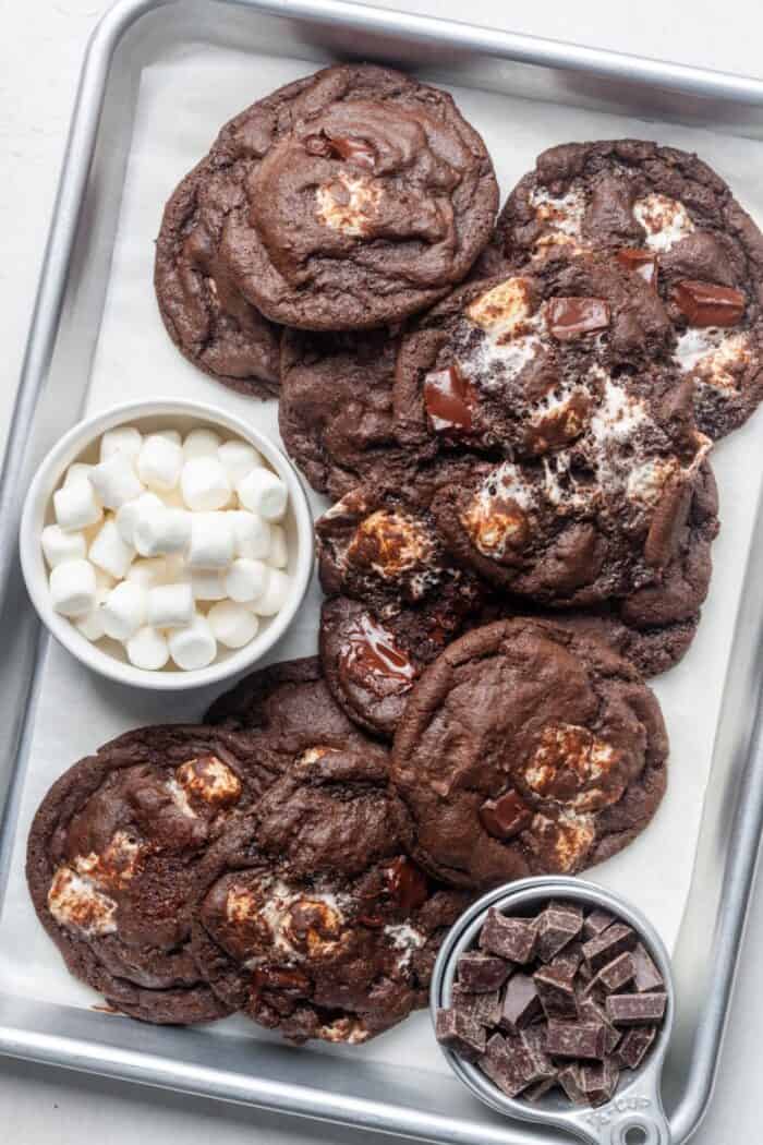 Chocolate marshmallow cookies on pan