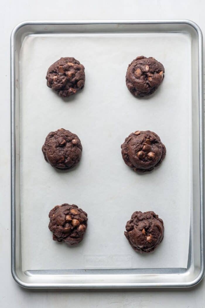 Double chocolate cookies on pan