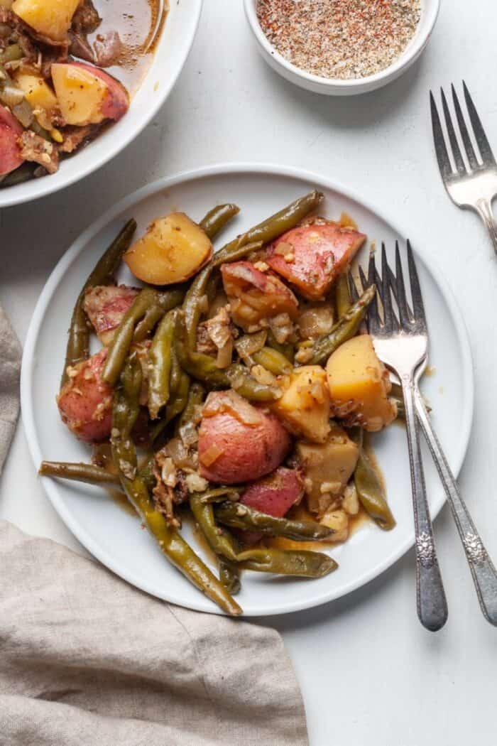 Red potatoes and green beans on plate