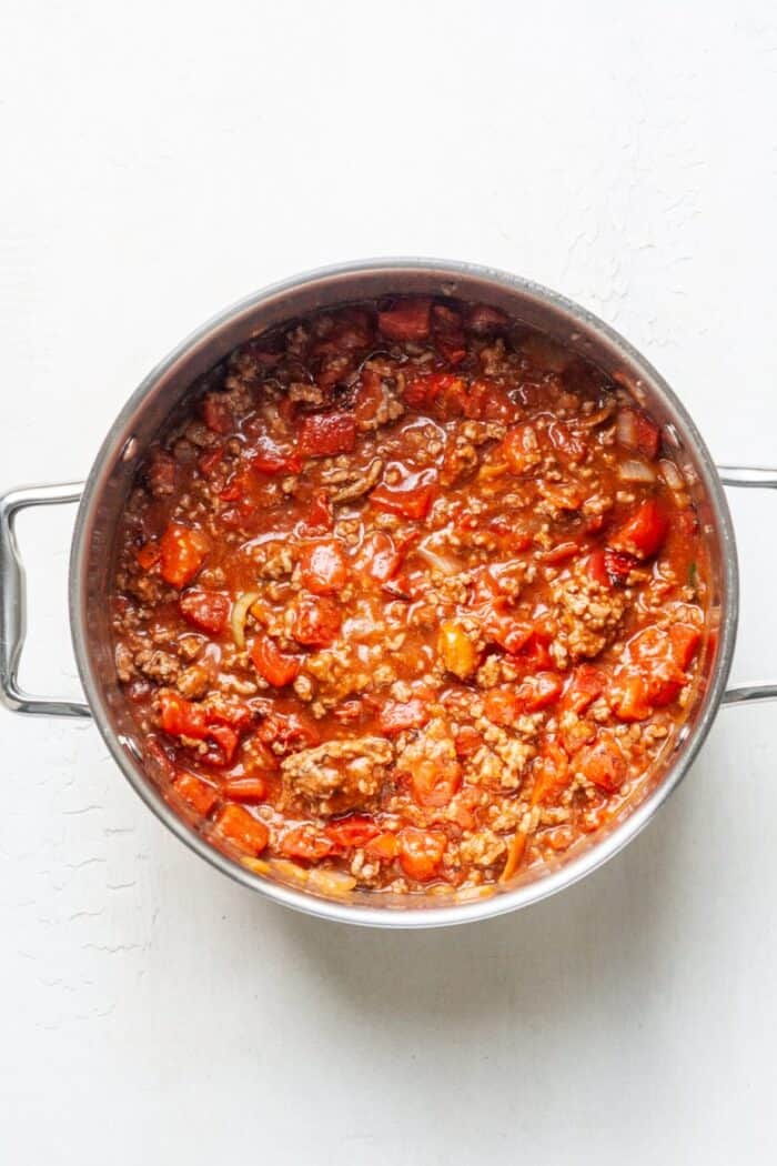 Beanless chili in pot