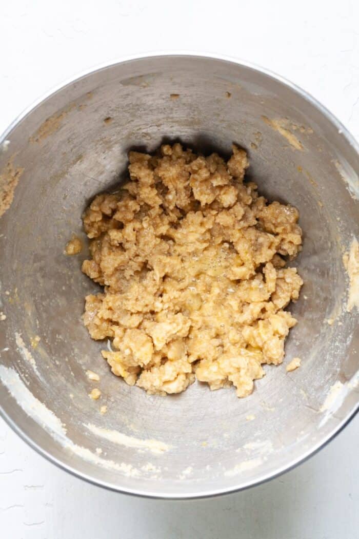 Eggs, butter and brown sugar in mixing bowl