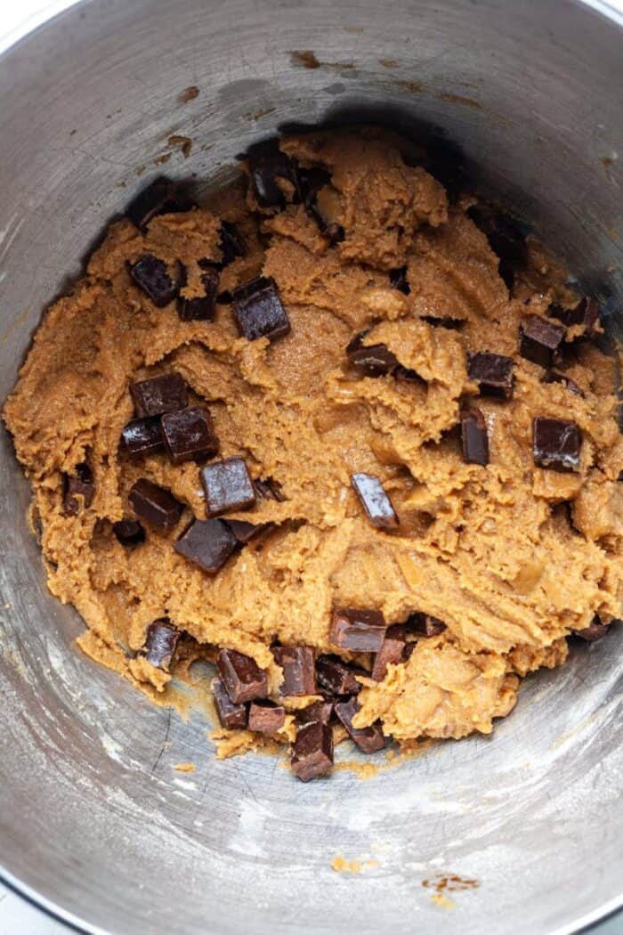 Chocolate chunk cookie dough in bowl