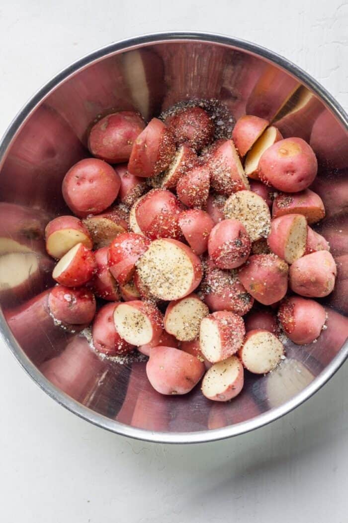 Cubed red potatoes in bowl