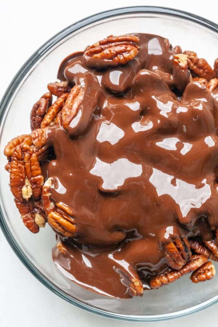 Melted chocolate and nuts in bowl