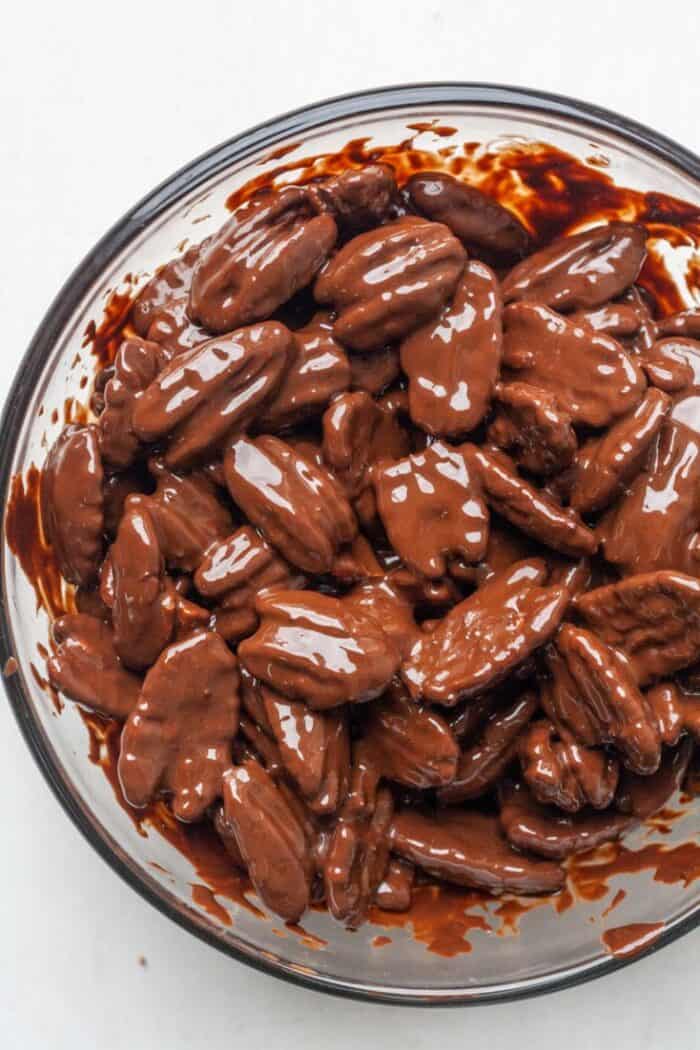 Chocolate and pecans in bowl