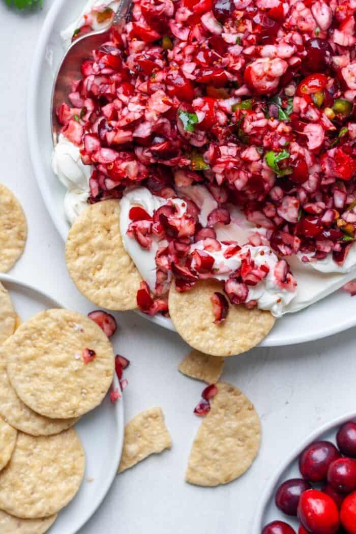 Cream cheese and cranberry dip with crackers