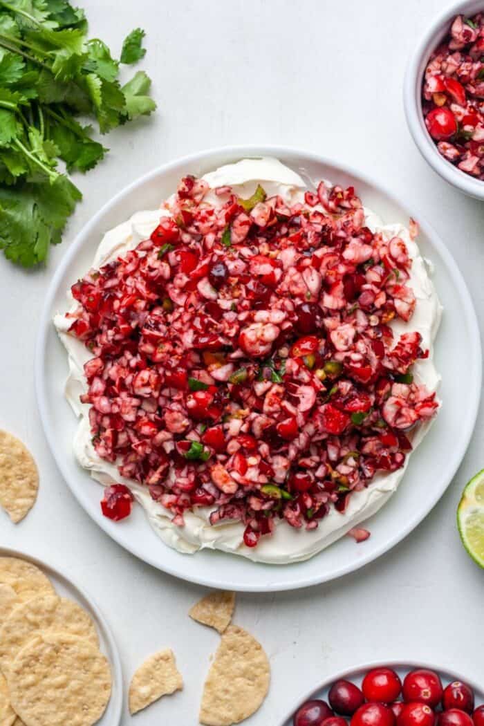 Cranberry jalapeno dip on white plate