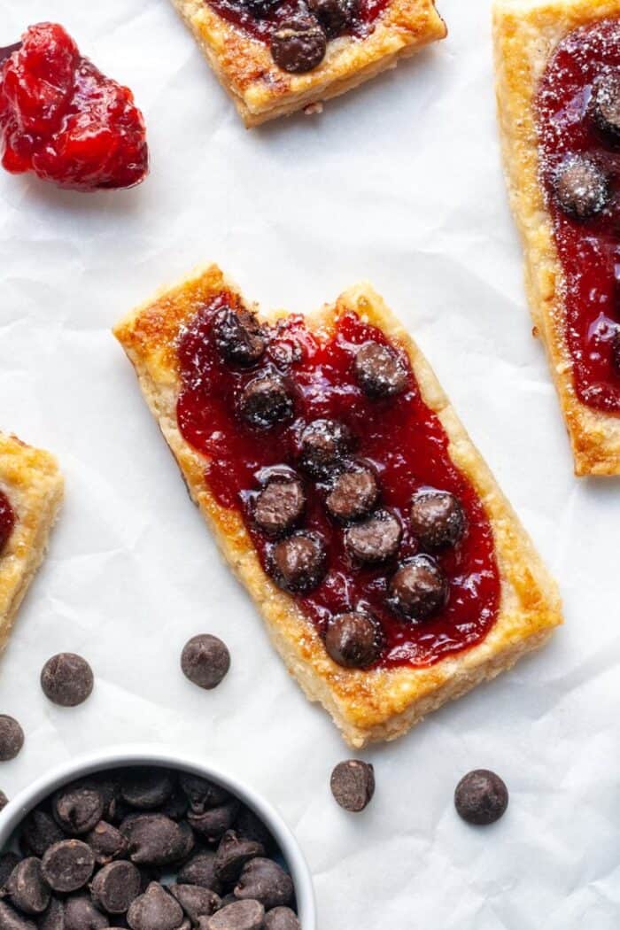 Gluten free puff pastry with jelly and chocolate
