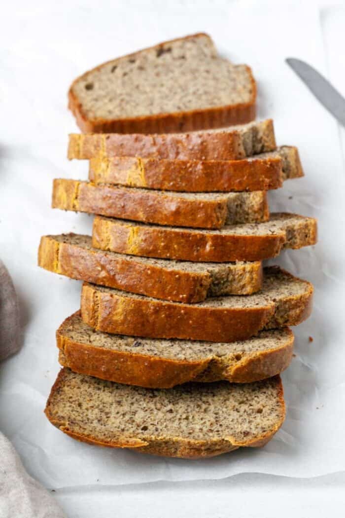 Sliced Paleo bread on parchment paper