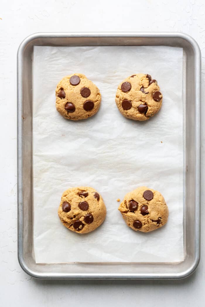 Protein cookies on parchment lined baking pan