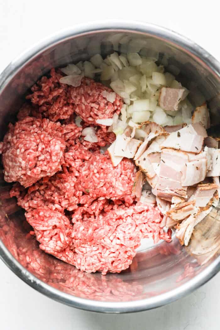 Meat and onions in pot