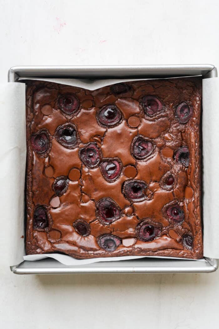 Baked chocolate cherry brownies in pan