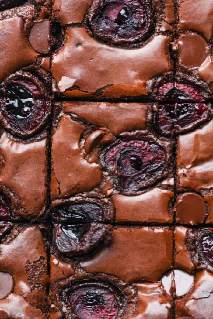 Chocolate cherry brownies sliced into squares