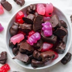 Chocolate covered gummy bears in white bowl