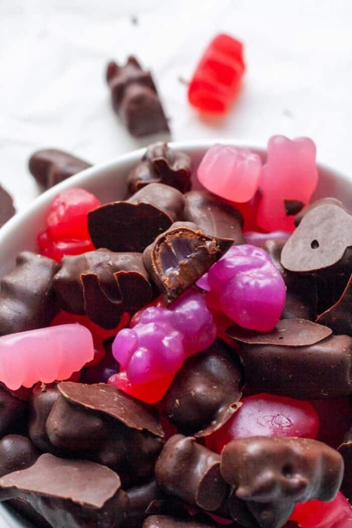 Dark chocolate candies in bowl