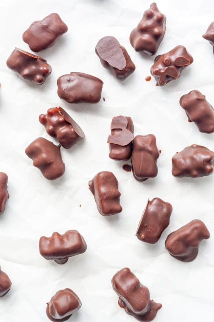 Chocolate candy bites on pan