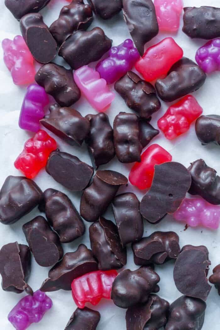 Dark chocolate covered gummy bears