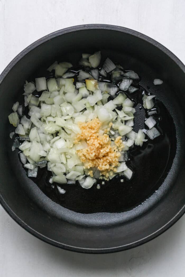 Onions and garlic in pot