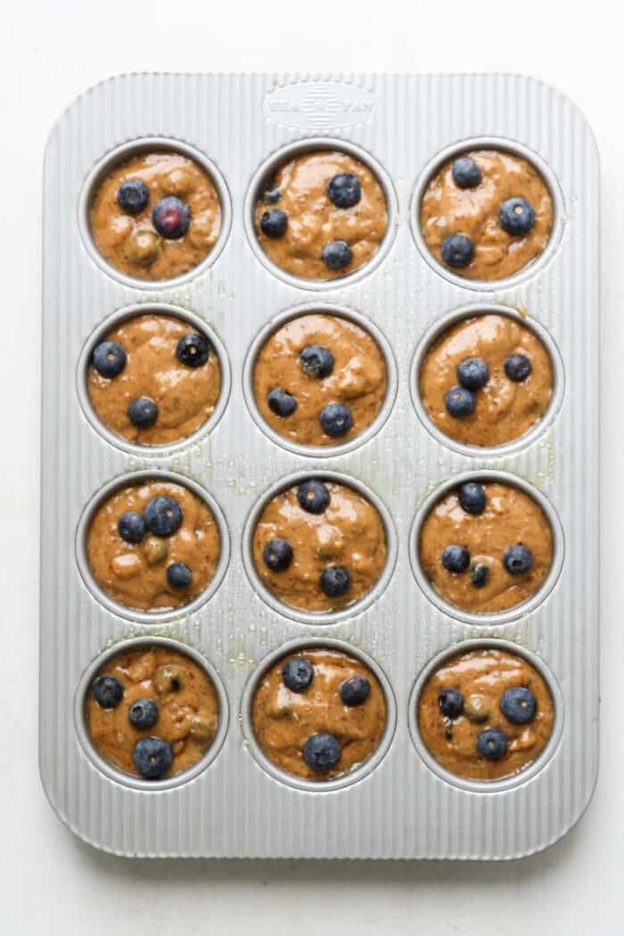 Blueberry muffins in pan