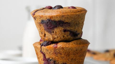 Stack of blueberry flaxseed muffins