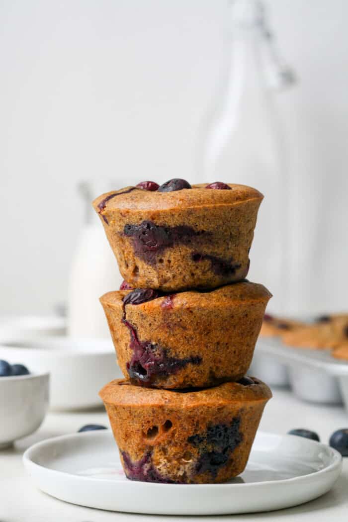 Stack of blueberry flaxseed muffins