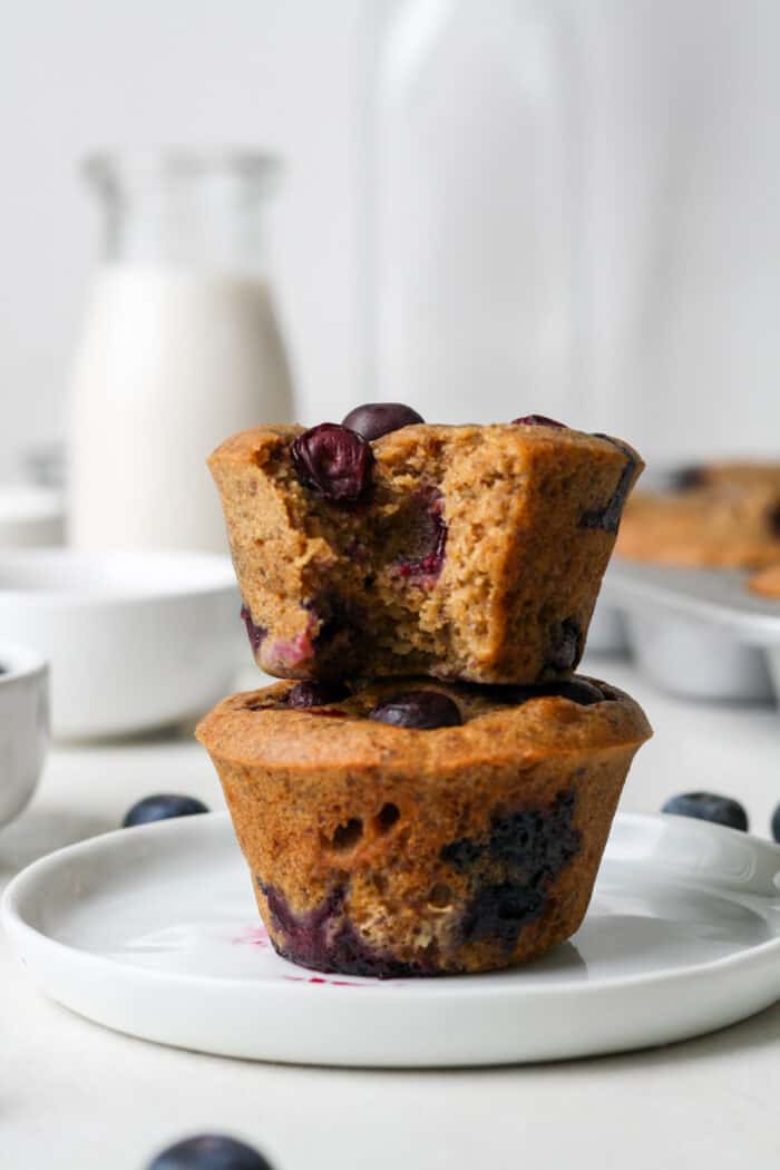 Stack of blueberry flaxseed muffins
