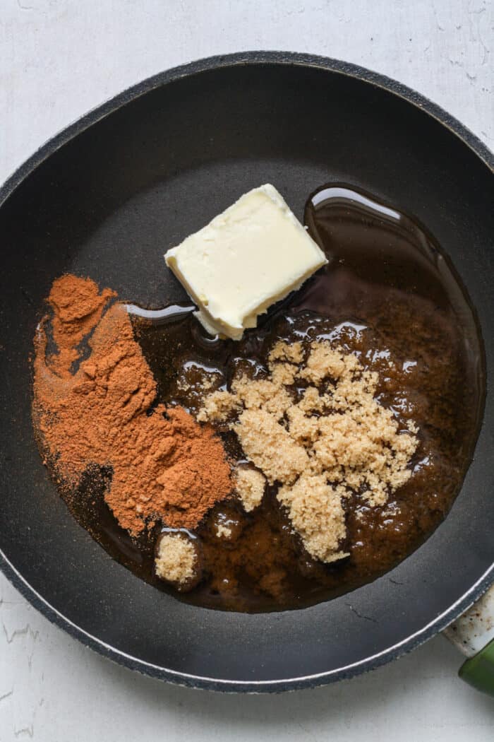 Butter, syrup and brown sugar in pan