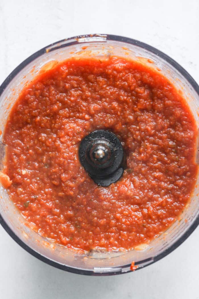 Blended tomato soup in food processor