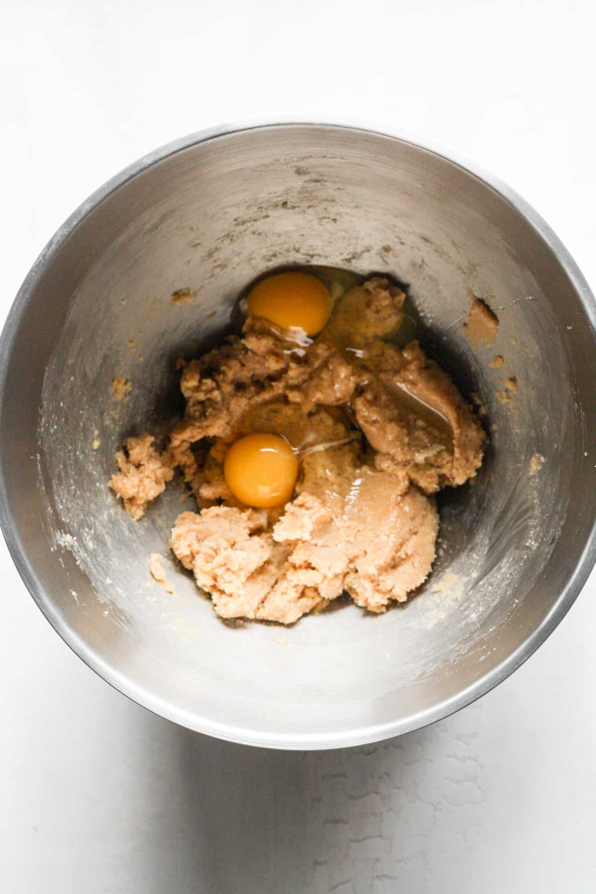 Eggs in cookie dough in bowl