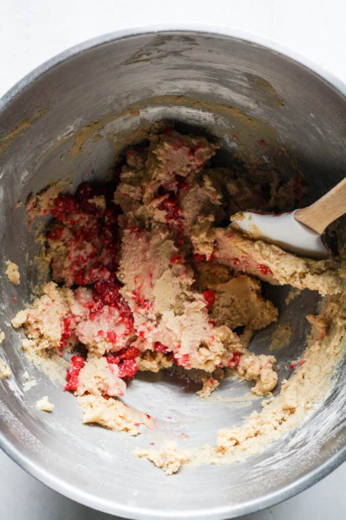 Raspberry cheesecake cookie dough in bowl