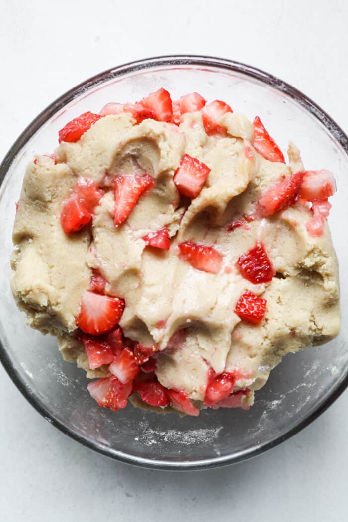Strawberry cookie dough in glass bowl