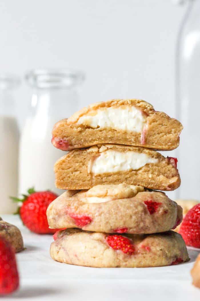 Stack of thick strawberry cheesecake cookies