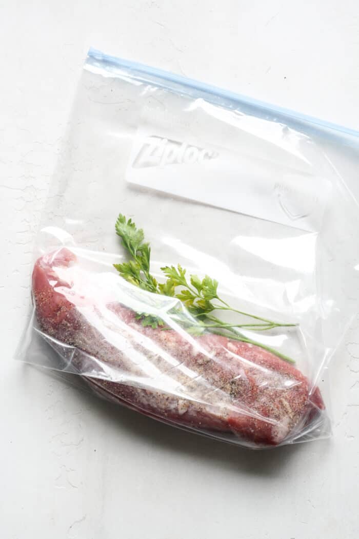 Bag with meat and herbs