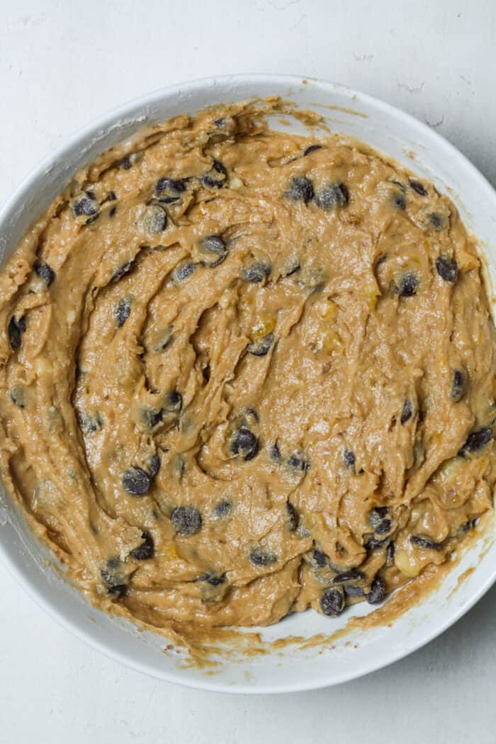 Banana bread batter with chocolate chips