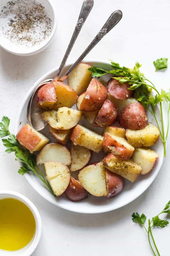 Sous vide baby potatoes on plate