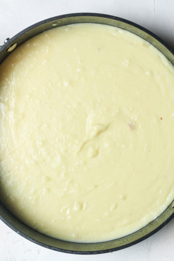 Creamy potato soup in skillet