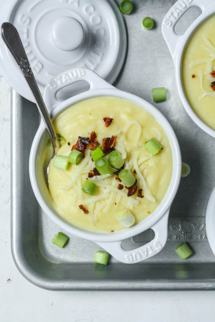 4 ingredient potato soup in white bowl
