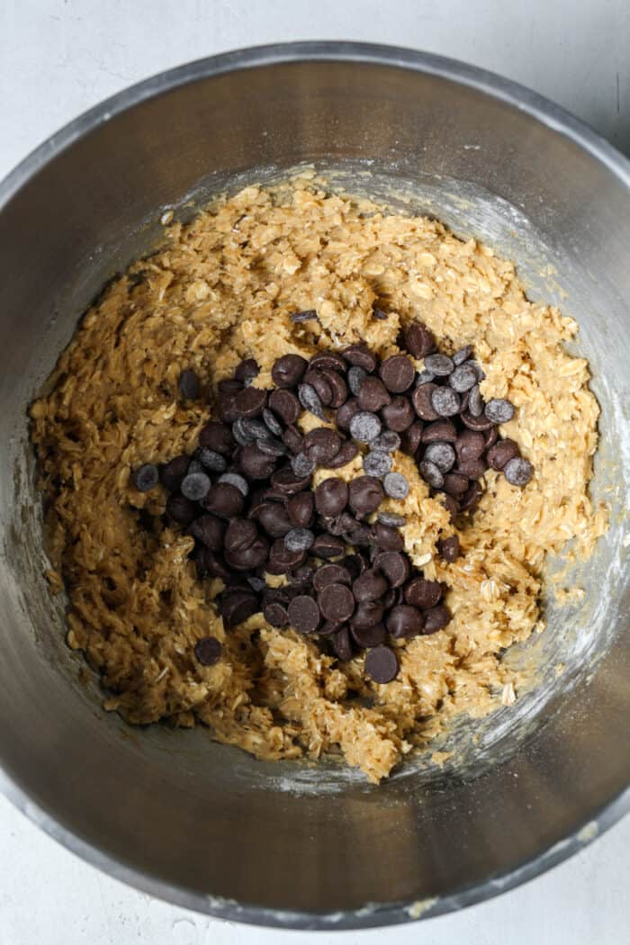 Dark chocolate chip cookie dough in bowl