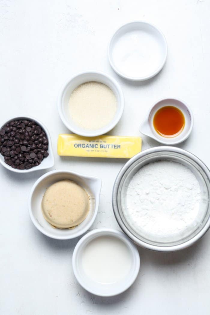 Butter, sugars and flour in small bowls