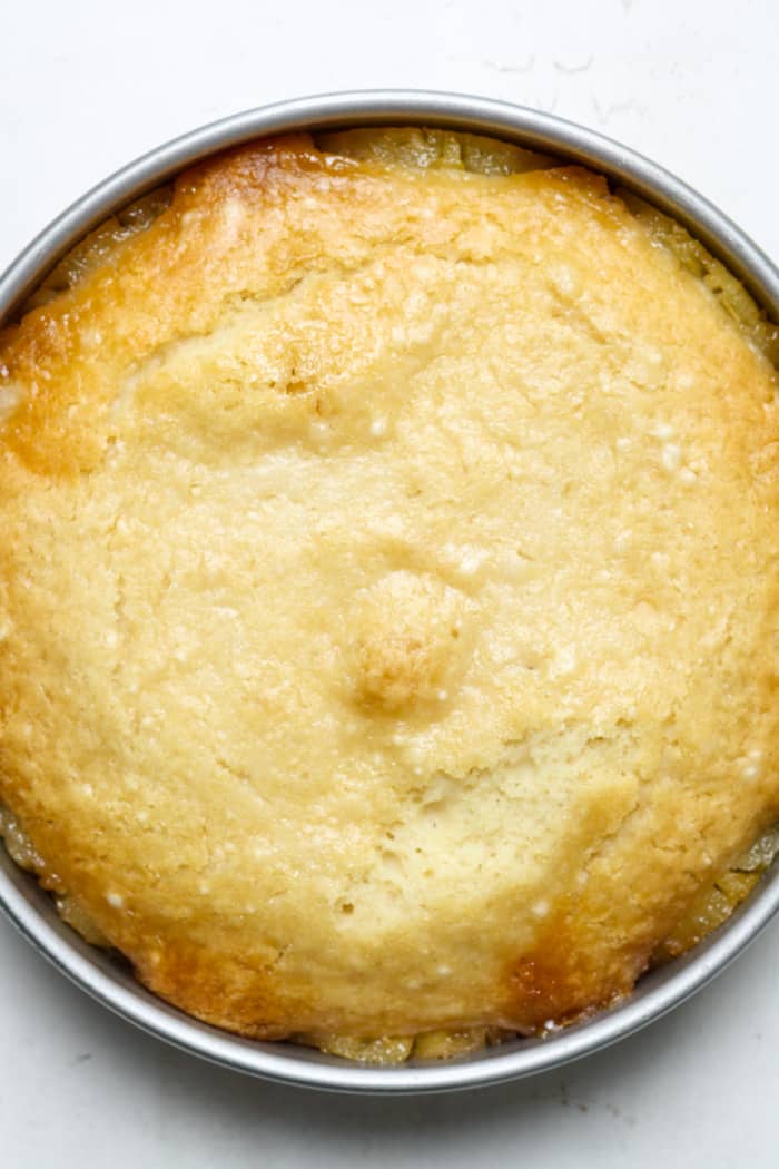 Golden yellow cake in pan