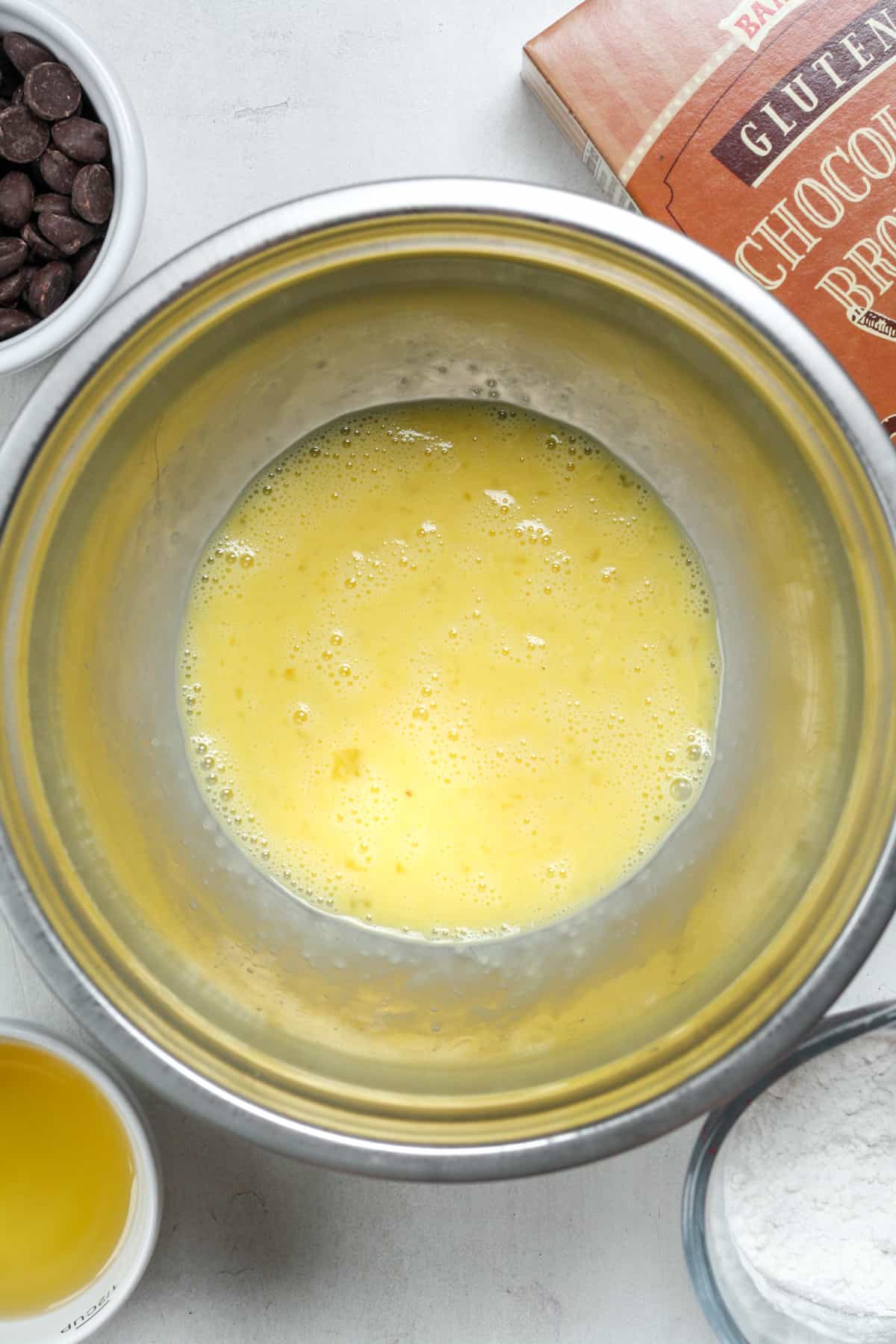 Whisked eggs in bowl