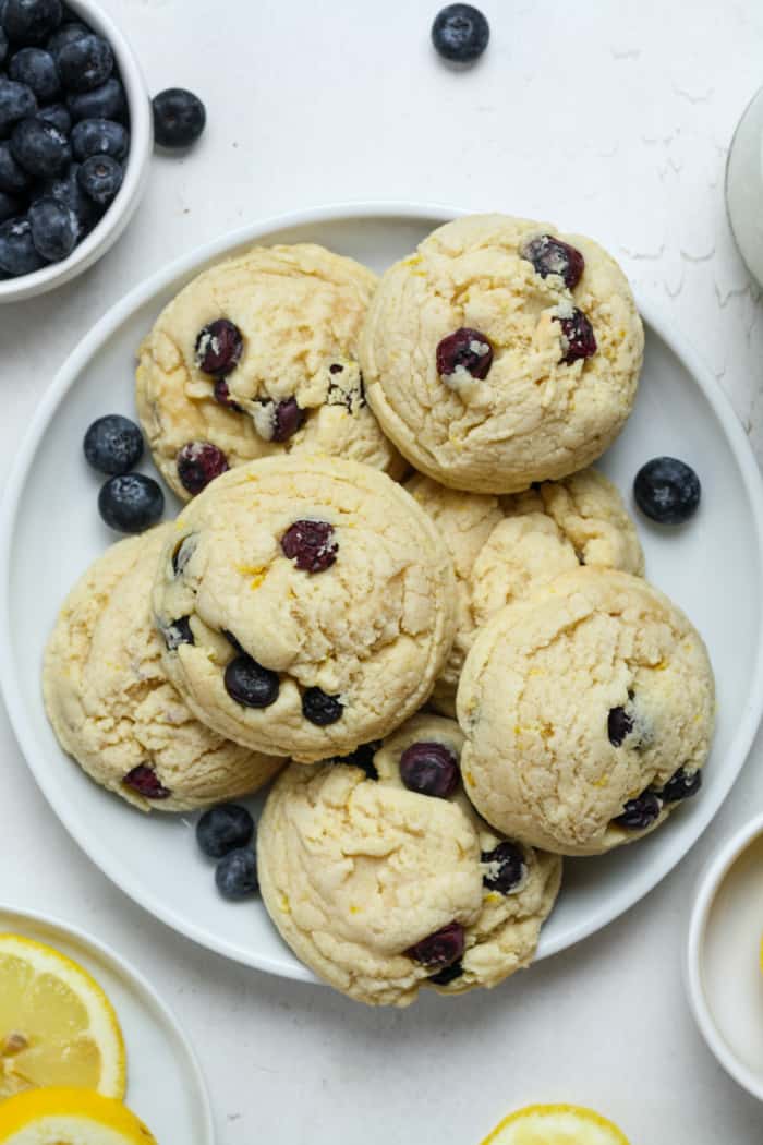 Lemon blueberry cookies on white plate