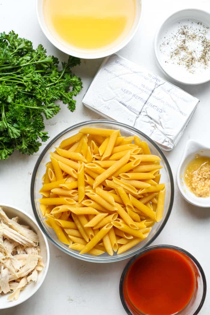 Penne pasta and other ingredients