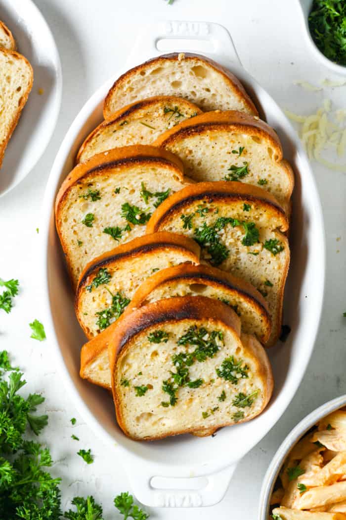 Dish of garlic bread
