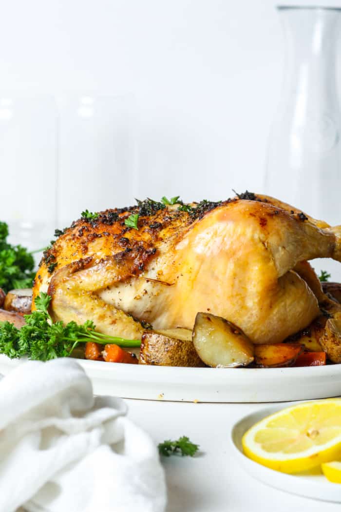 Whole roasted chicken with veggies
