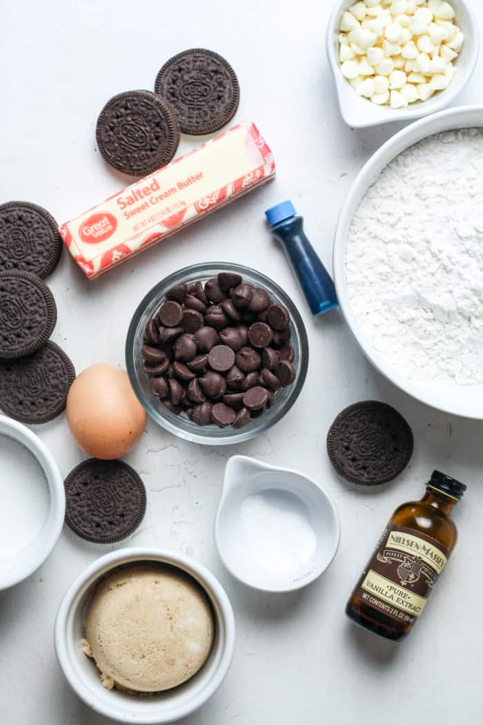 Oreos and other ingredients for cookie monster cookies