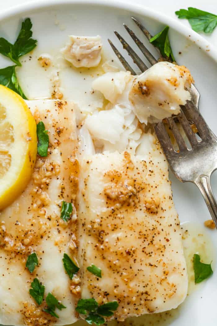 Baked halibut with sauce