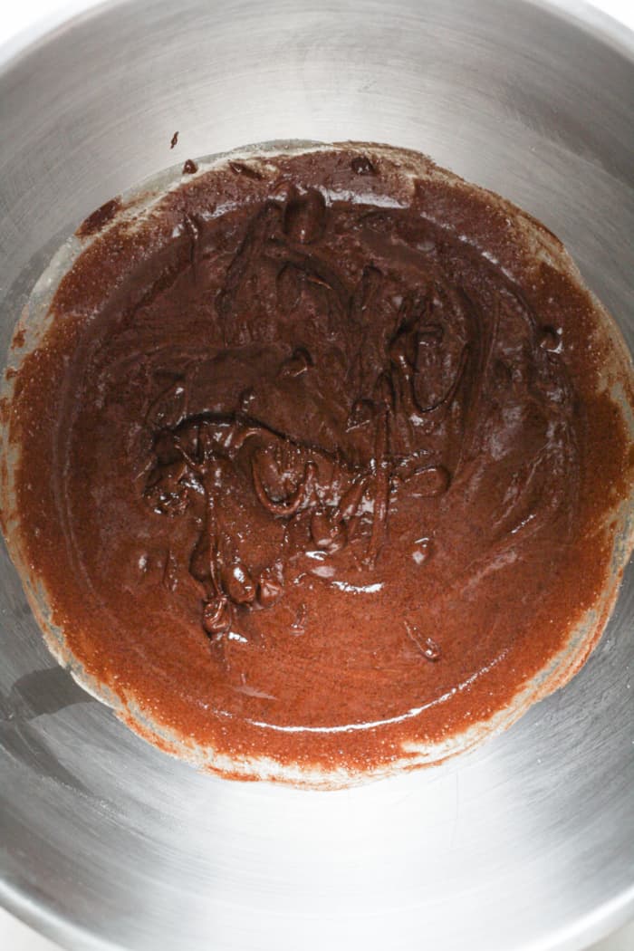 Thick chocolate batter in bowl.