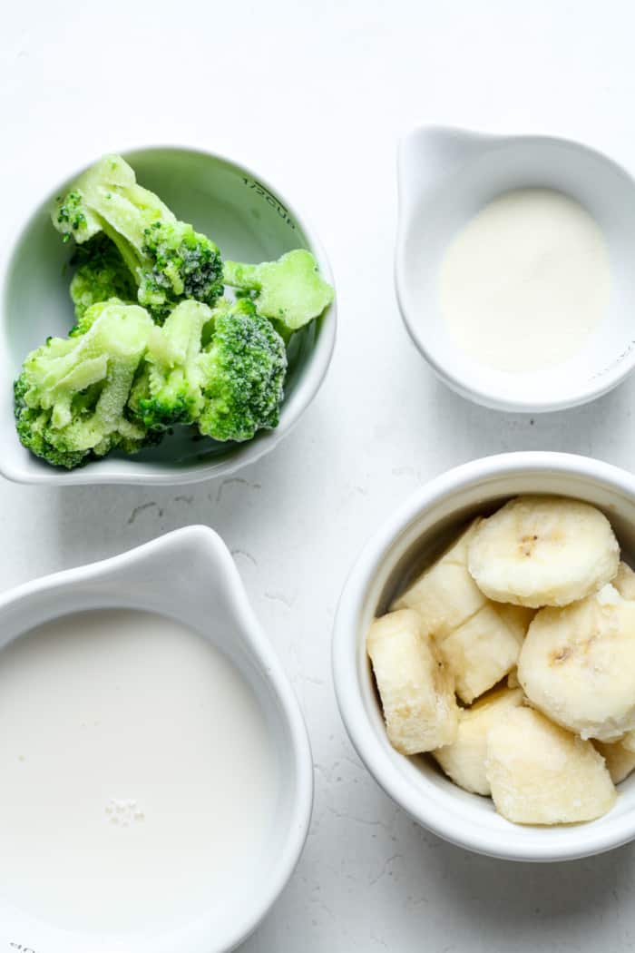 Broccoli, fruit and milk.