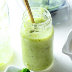 Broccoli smoothie in jar.